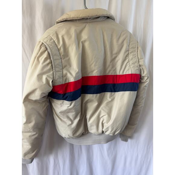 Quail Run Vintage Puffer Coat – Beige with Red and Navy Stripe – Size Medium - Picture 11 of 16